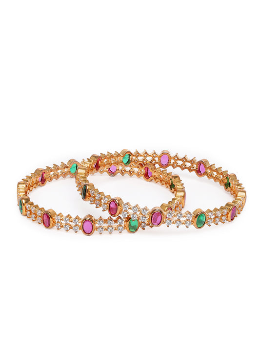 Gleaming Crystal Lined Bangles in Gold - Rani Pink Green featuring Crystals bangle set