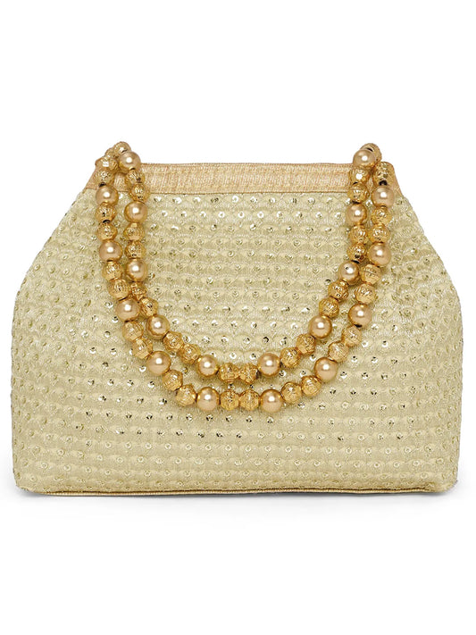 Gold potli bag named Handmade Zari Sequin Potli Bag, featuring artificial beads detailing and soft fabric texture | Peora