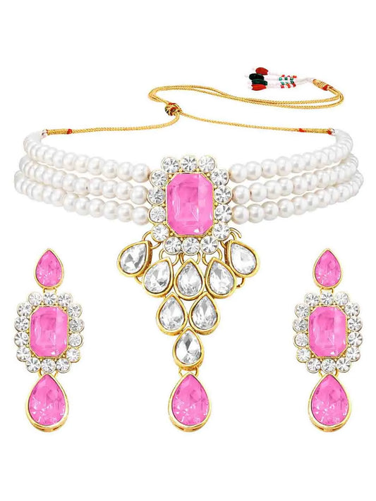 Crystal Pearl Choker Necklace Set. Pearl necklace with pink gemstones, with pair of earrings.