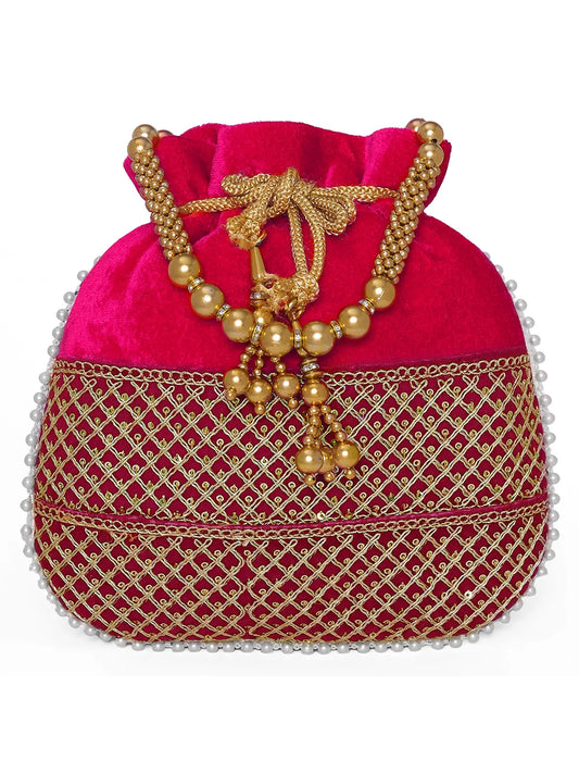 Red potli bag named Pearl Trim Zari Bead Potli Bag, featuring artificial beads detailing and soft fabric texture | Peora