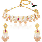 Peach choker earring set crafted from alloy, adorned with faux ruby & beads for an elegant, timeless look | Peora
