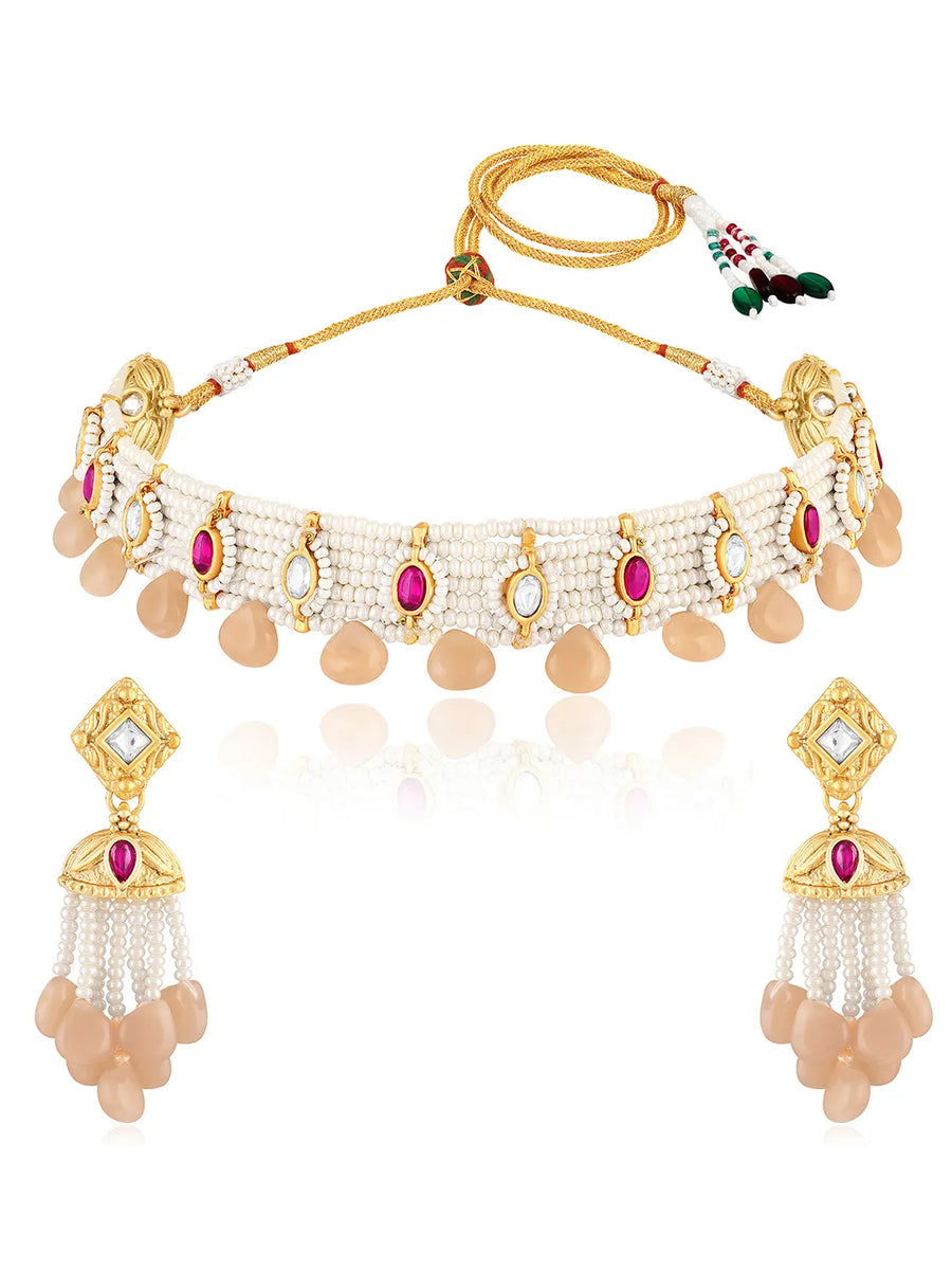 Peach choker earring set crafted from alloy, adorned with faux ruby & beads for an elegant, timeless look | Peora
