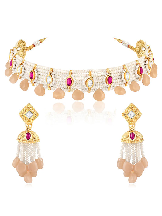 Peach choker earring set crafted from alloy, adorned with faux ruby & beads for an elegant, timeless look | Peora
