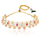 Peach choker earring set crafted from alloy, adorned with faux ruby & beads for an elegant, timeless look | Peora
