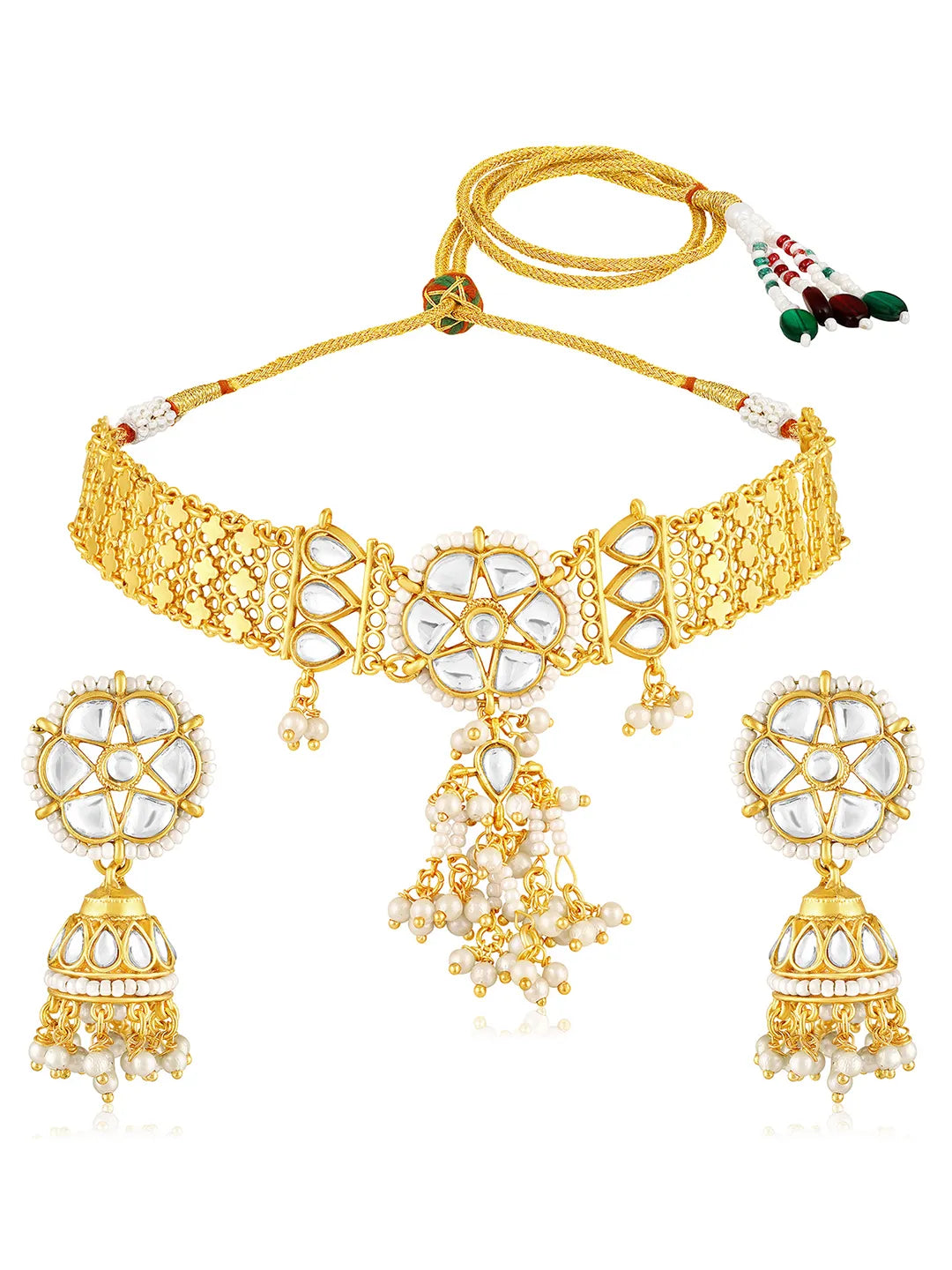 White choker earring set crafted from alloy, adorned with kundan & beads for an elegant, timeless look | Peora
