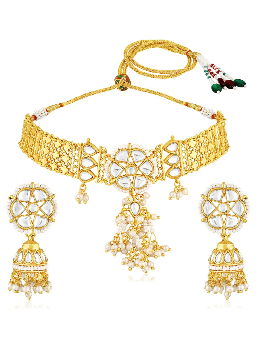 White choker earring set crafted from alloy, adorned with kundan & beads for an elegant, timeless look | Peora
