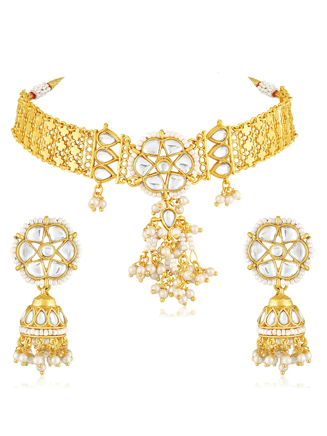 White choker earring set crafted from alloy, adorned with kundan & beads for an elegant, timeless look | Peora

