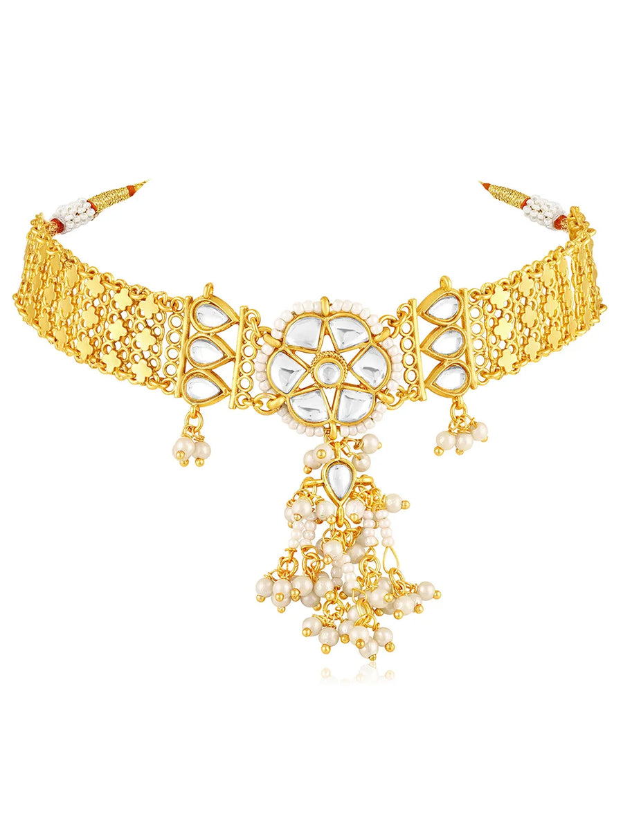White choker earring set crafted from alloy, adorned with kundan & beads for an elegant, timeless look | Peora
