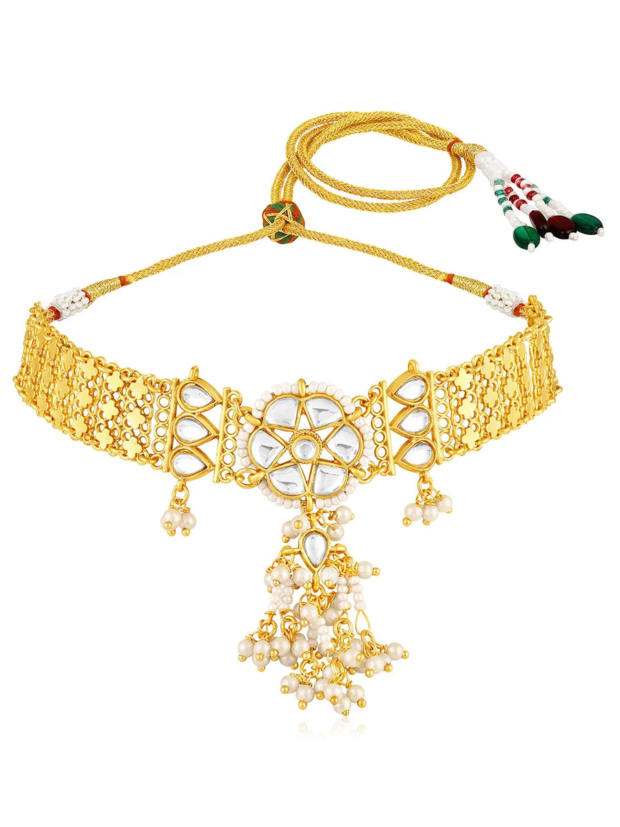 White choker earring set crafted from alloy, adorned with kundan & beads for an elegant, timeless look | Peora
