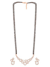 Beautiful Shimmering CZ Mangalsutra Set. A set of black beaded Mangalsutra with rose gold-colour and geometric patterns, with pearls, CZ stones.