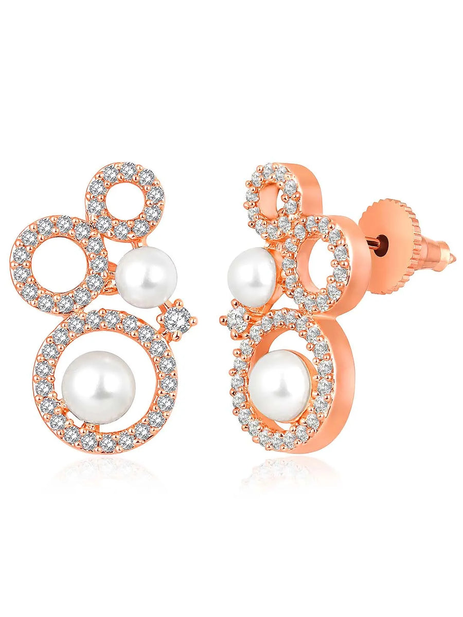 Beautiful Shimmering CZ Mangalsutra Set. A set of black beaded Mangalsutra with rose gold-colour and geometric patterns, with pearls, CZ stones.