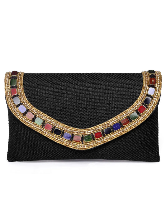 Black clutch bag named Woven Party Clutch with Stone Embellish, featuring faux emerald detailing and soft fabric texture | Peora
