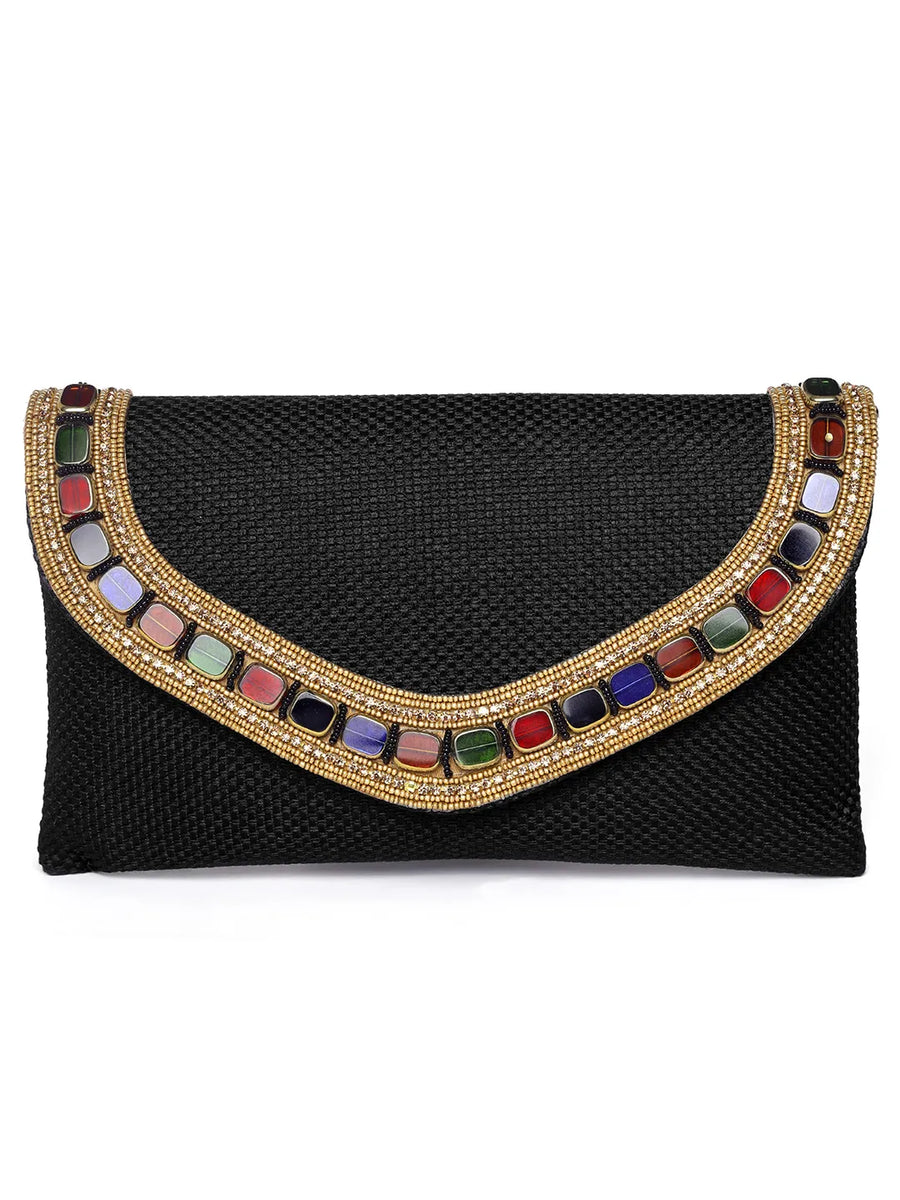Black clutch bag named Woven Party Clutch with Stone Embellish, featuring faux emerald detailing and soft fabric texture | Peora
