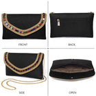Black clutch bag named Woven Party Clutch with Stone Embellish, featuring faux emerald detailing and soft fabric texture | Peora
