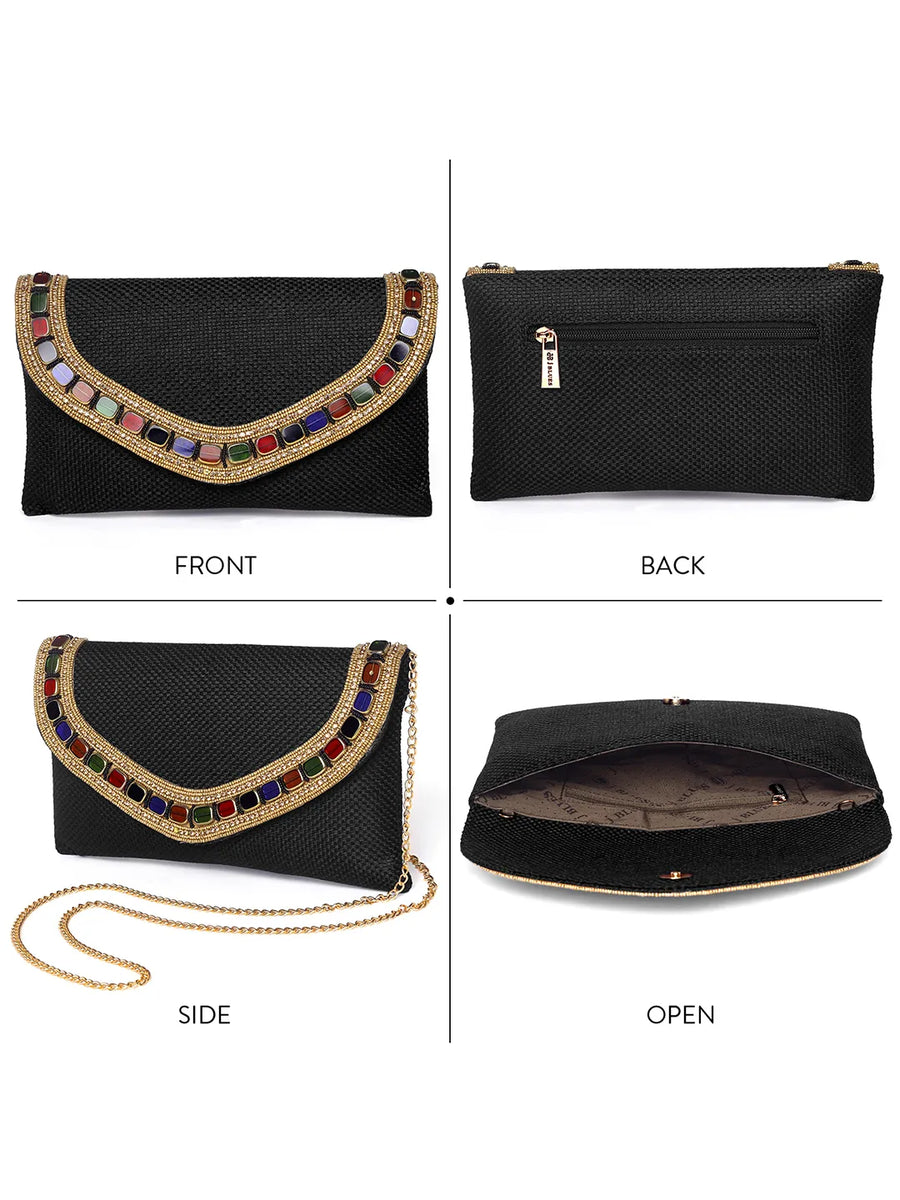Black clutch bag named Woven Party Clutch with Stone Embellish, featuring faux emerald detailing and soft fabric texture | Peora
