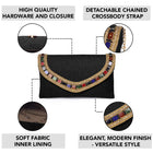 Black clutch bag named Woven Party Clutch with Stone Embellish, featuring faux emerald detailing and soft fabric texture | Peora

