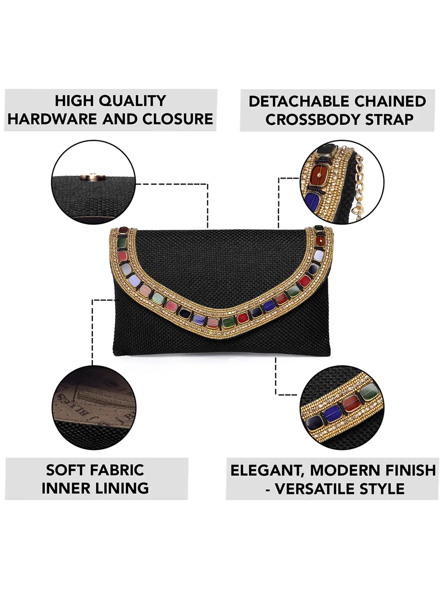 Black clutch bag named Woven Party Clutch with Stone Embellish, featuring faux emerald detailing and soft fabric texture | Peora
