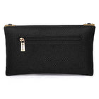 Black clutch bag named Woven Party Clutch with Stone Embellish, featuring faux emerald detailing and soft fabric texture | Peora

