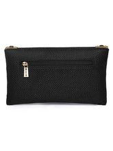 Black clutch bag named Woven Party Clutch with Stone Embellish, featuring faux emerald detailing and soft fabric texture | Peora
