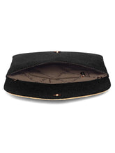 Black clutch bag named Woven Party Clutch with Stone Embellish, featuring faux emerald detailing and soft fabric texture | Peora
