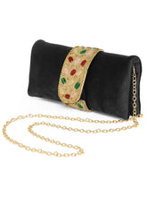 Black clutch bag named Stylish Classic Envelope Clutch, featuring faux emerald detailing and soft fabric texture | Peora
