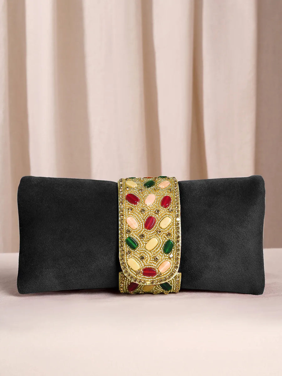 Black clutch bag named Stylish Classic Envelope Clutch, featuring faux emerald detailing and soft fabric texture | Peora
