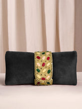 Black clutch bag named Stylish Classic Envelope Clutch, featuring faux emerald detailing and soft fabric texture | Peora
