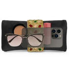 Black clutch bag named Stylish Classic Envelope Clutch, featuring faux emerald detailing and soft fabric texture | Peora
