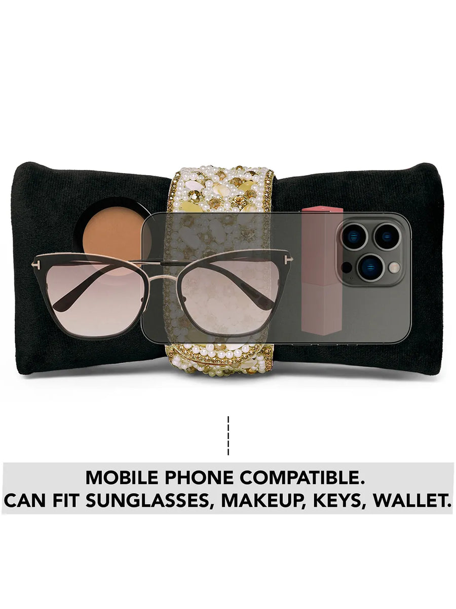 Black clutch bag named Clutch Bags Crafted for Elegance, featuring pearl detailing and soft fabric texture | Peora
