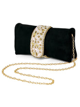Black clutch bag named Clutch Bags Crafted for Elegance, featuring pearl detailing and soft fabric texture | Peora
