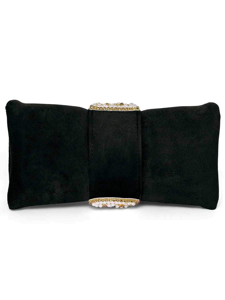 Black clutch bag named Clutch Bags Crafted for Elegance, featuring pearl detailing and soft fabric texture | Peora
