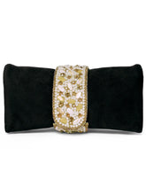 Black clutch bag named Clutch Bags Crafted for Elegance, featuring pearl detailing and soft fabric texture | Peora
