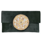 Black clutch bag named Velvet Midnight Aura Flap Clutch, featuring artificial beads detailing and soft fabric texture | Peora
