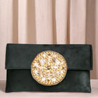 Black clutch bag named Velvet Midnight Aura Flap Clutch, featuring artificial beads detailing and soft fabric texture | Peora
