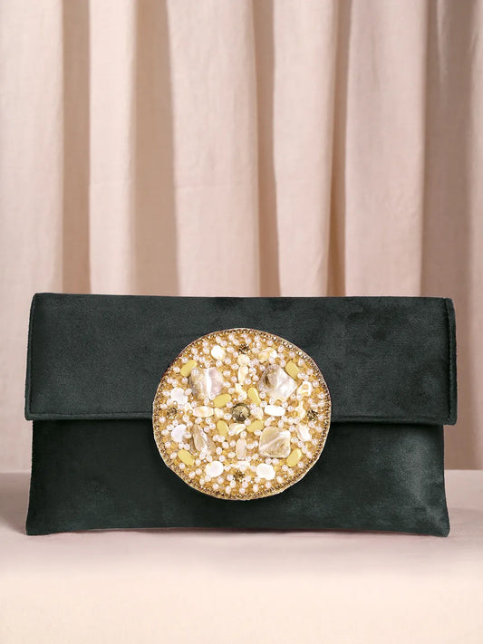 Black clutch bag named Velvet Midnight Aura Flap Clutch, featuring artificial beads detailing and soft fabric texture | Peora
