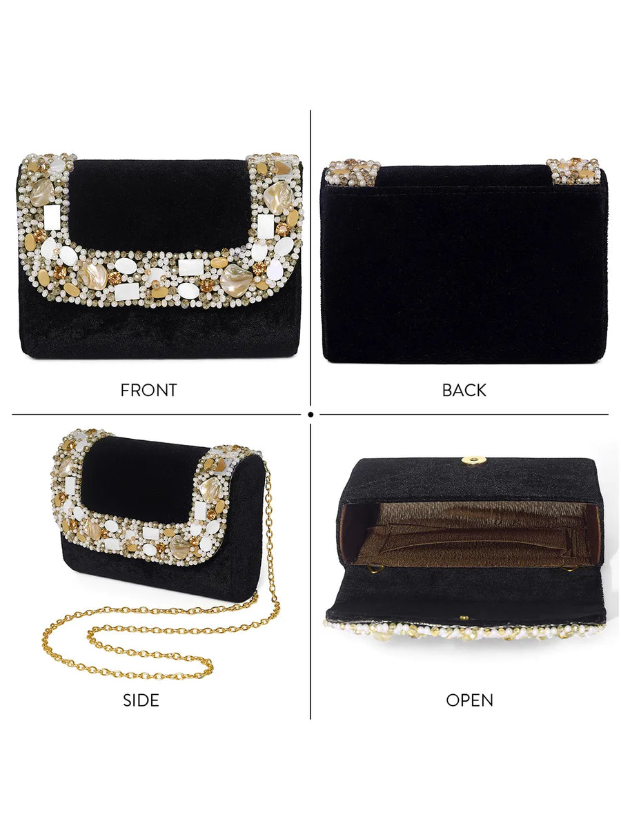 Black clutch bag named Classic Stone Embellished Clutch, featuring artificial beads detailing and soft 0 texture | Peora
