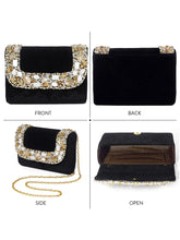 Black clutch bag named Classic Stone Embellished Clutch, featuring artificial beads detailing and soft 0 texture | Peora
