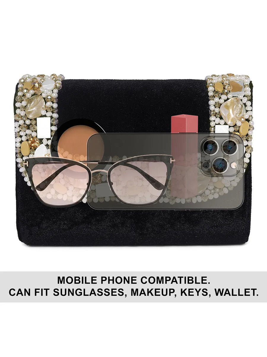 Black clutch bag named Classic Stone Embellished Clutch, featuring artificial beads detailing and soft 0 texture | Peora
