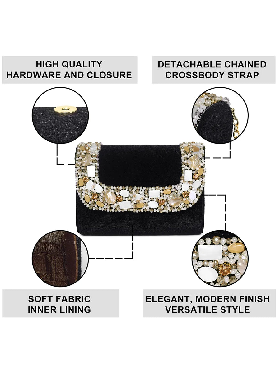Black clutch bag named Classic Stone Embellished Clutch, featuring artificial beads detailing and soft 0 texture | Peora
