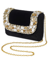 Black clutch bag named Classic Stone Embellished Clutch, featuring artificial beads detailing and soft 0 texture | Peora
