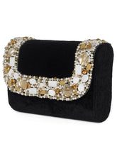 Black clutch bag named Classic Stone Embellished Clutch, featuring artificial beads detailing and soft 0 texture | Peora
