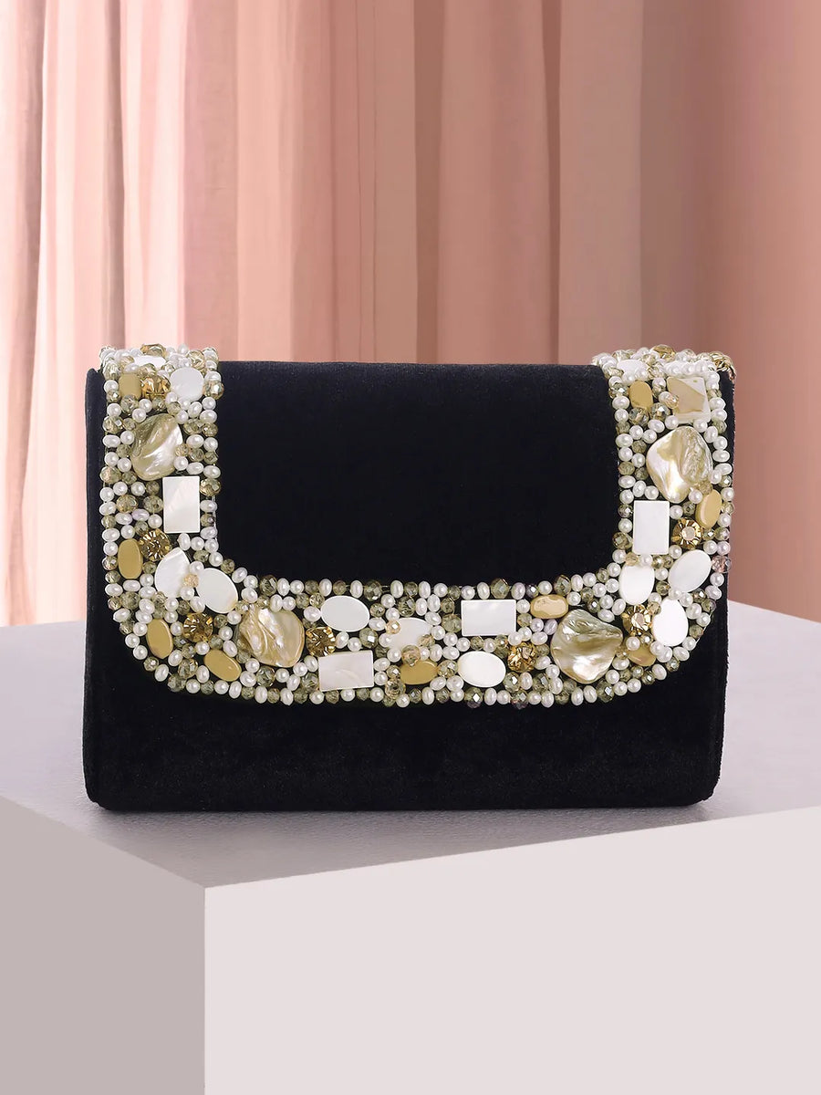 Black clutch bag named Classic Stone Embellished Clutch, featuring artificial beads detailing and soft 0 texture | Peora
