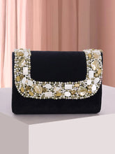 Black clutch bag named Classic Stone Embellished Clutch, featuring artificial beads detailing and soft 0 texture | Peora
