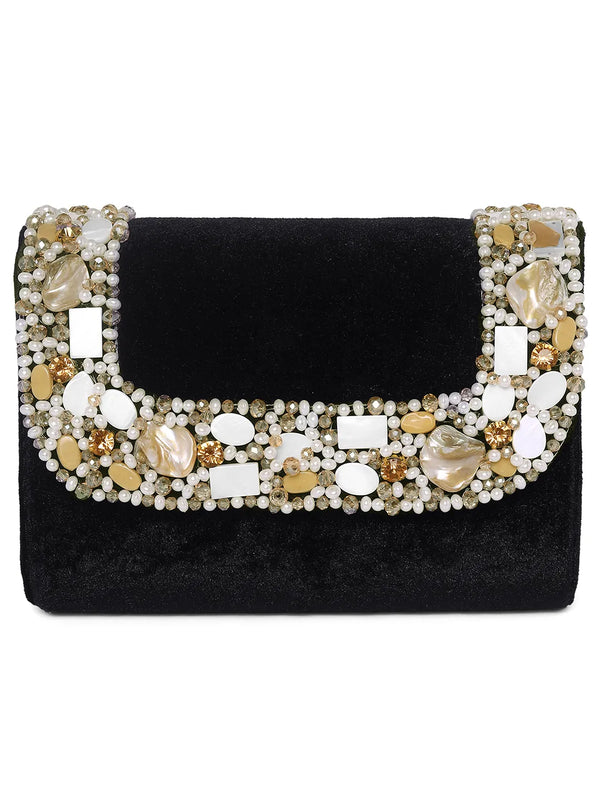 Black clutch bag named Classic Stone Embellished Clutch, featuring artificial beads detailing and soft 0 texture | Peora
