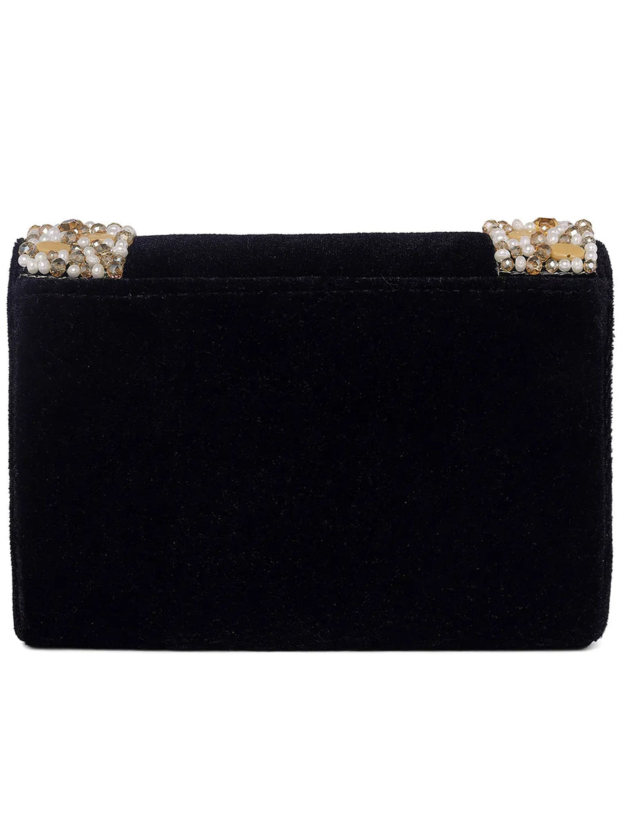 Black clutch bag named Classic Stone Embellished Clutch, featuring artificial beads detailing and soft 0 texture | Peora
