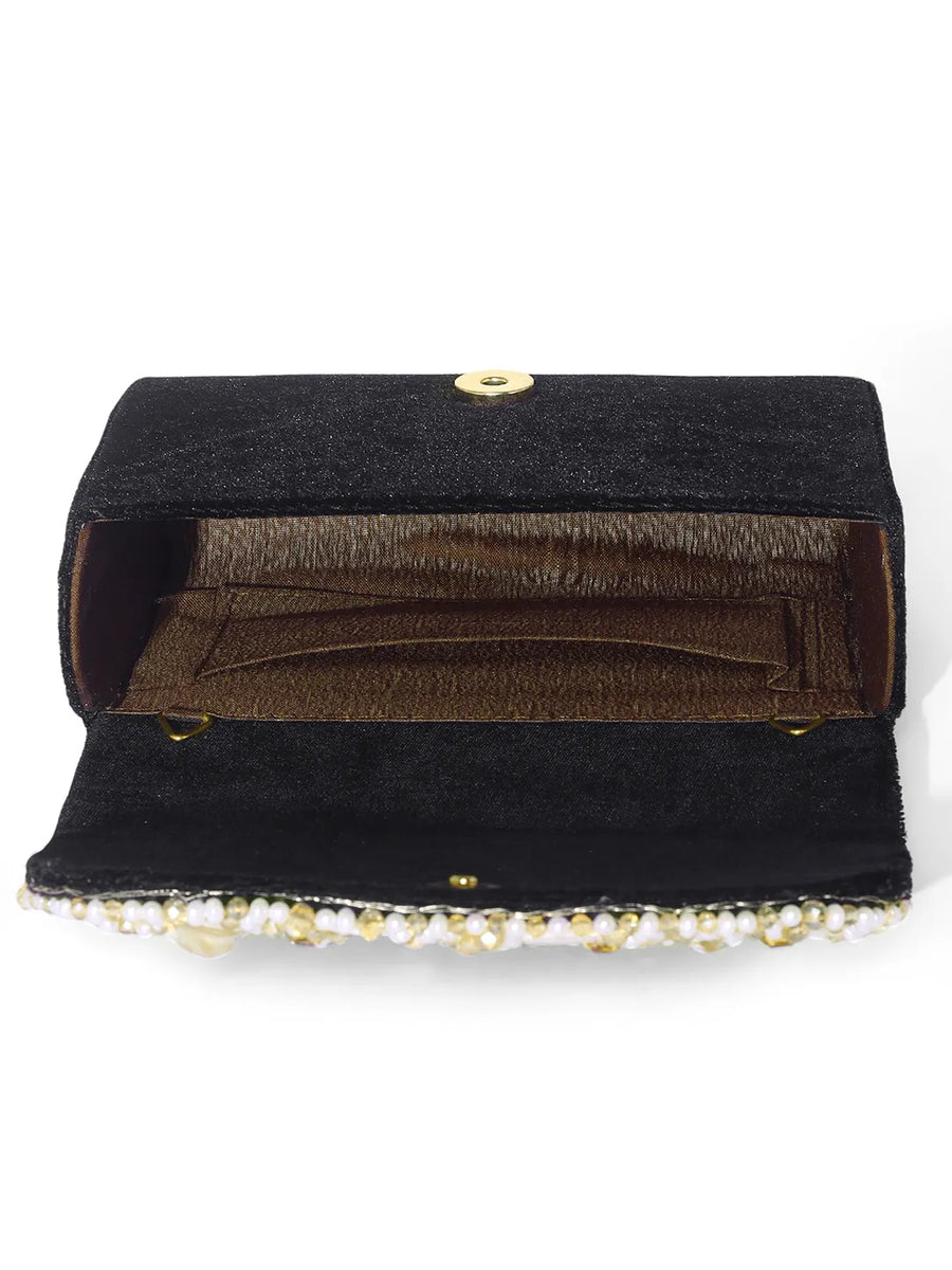 Black clutch bag named Classic Stone Embellished Clutch, featuring artificial beads detailing and soft 0 texture | Peora
