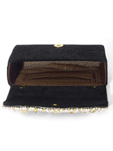 Black clutch bag named Classic Stone Embellished Clutch, featuring artificial beads detailing and soft 0 texture | Peora

