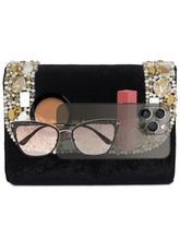 Black clutch bag named Classic Stone Embellished Clutch, featuring artificial beads detailing and soft 0 texture | Peora
