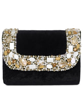 Black clutch bag named Classic Stone Embellished Clutch, featuring artificial beads detailing and soft 0 texture | Peora
