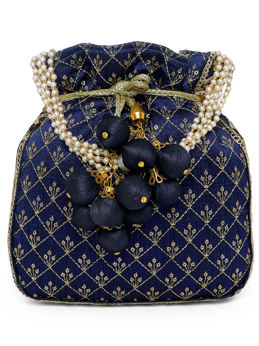 Blue potli bag named Rich Zari Sequence Wedding Potli, featuring artificial beads detailing and soft fabric texture | Peora
